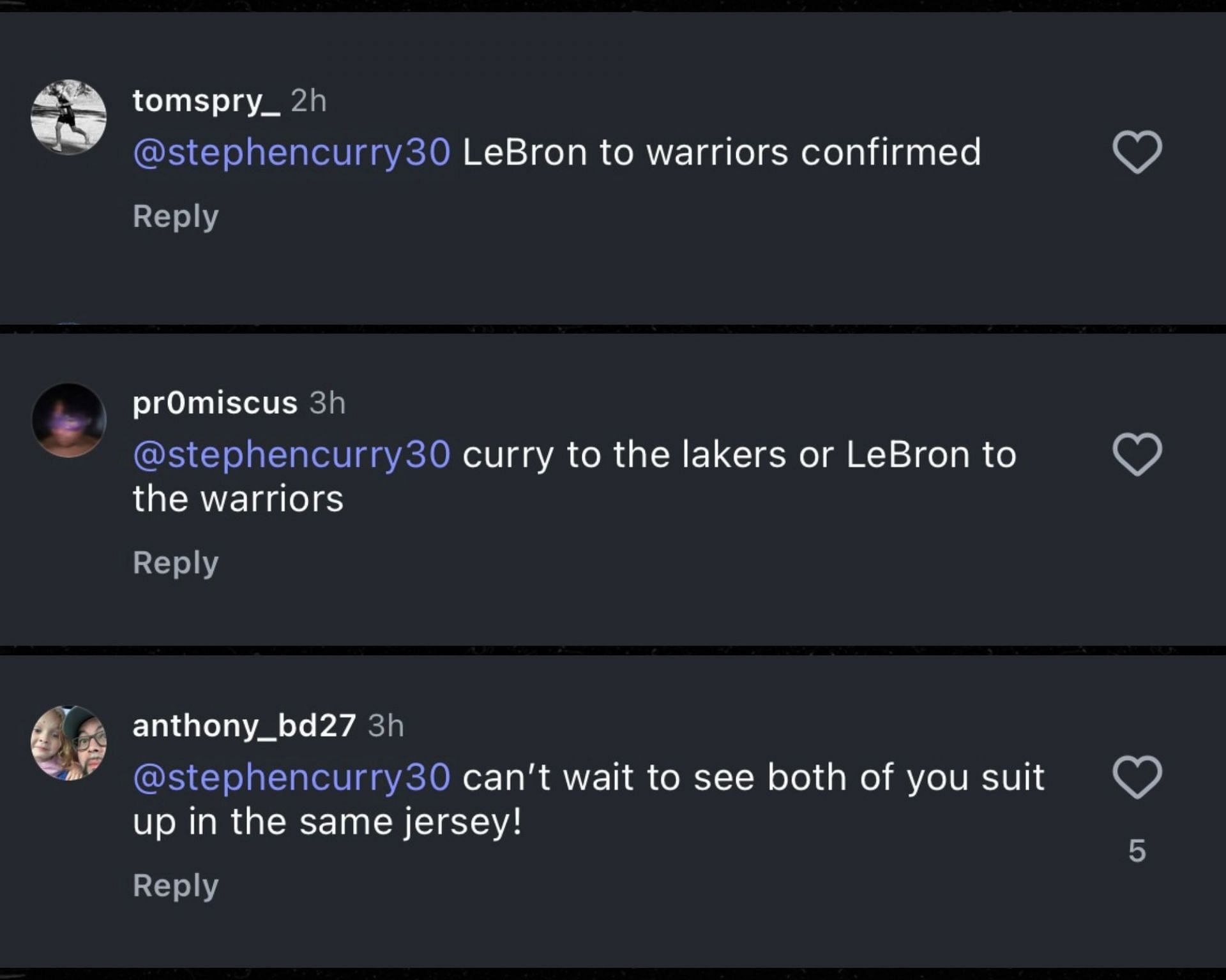 Fan reactions to Steph Curry's comment on LeBron James' Instagram post (IG/@kingjames)